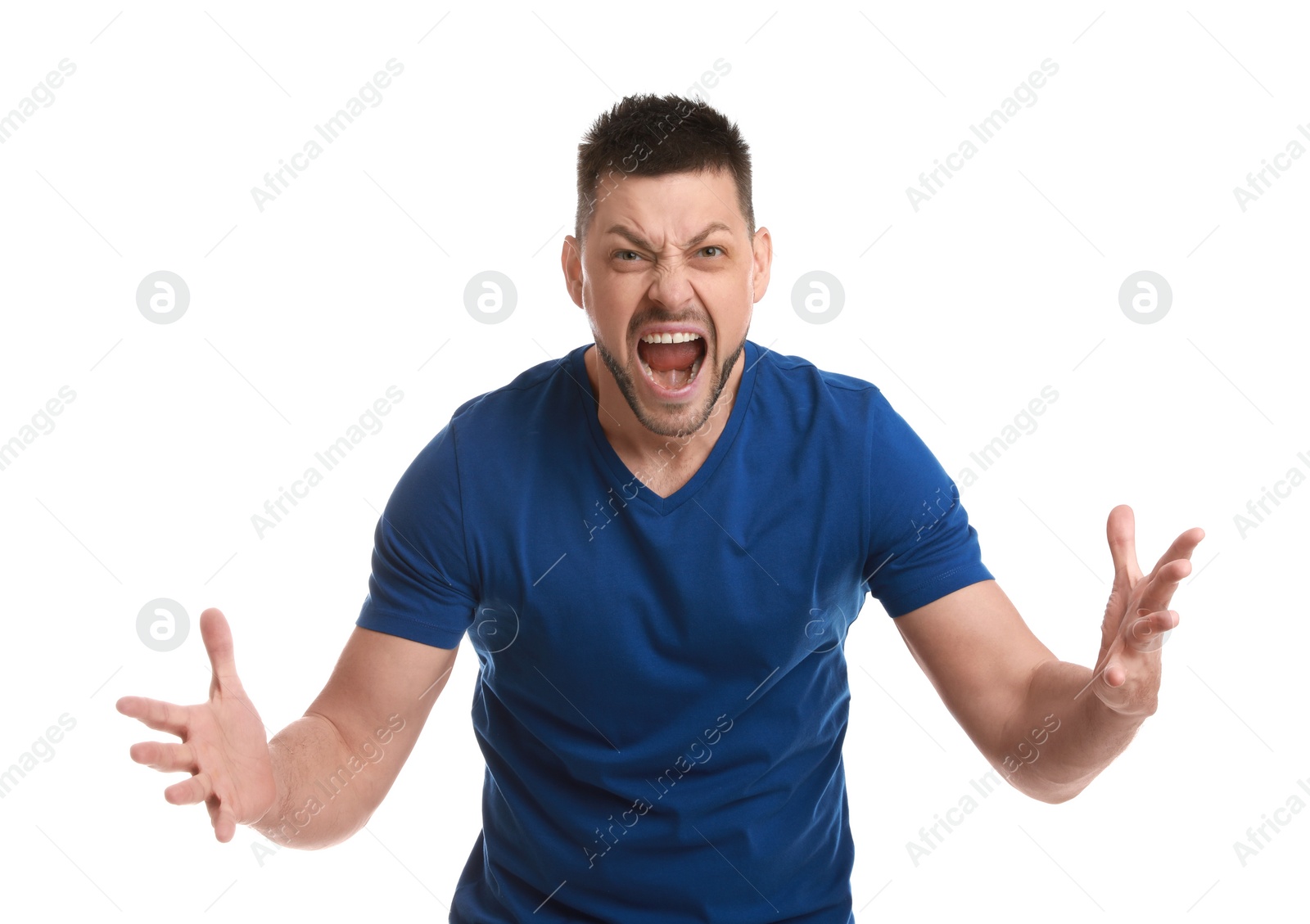 Photo of Angry man yelling on white background. Hate concept