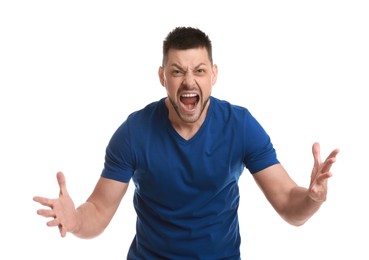 Angry man yelling on white background. Hate concept