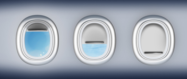 Image of Open and closed airplane portholes, banner design 