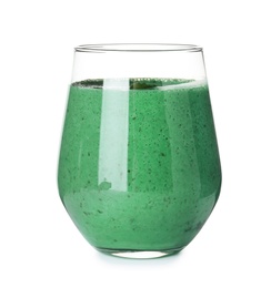Glass of spirulina smoothie on white background