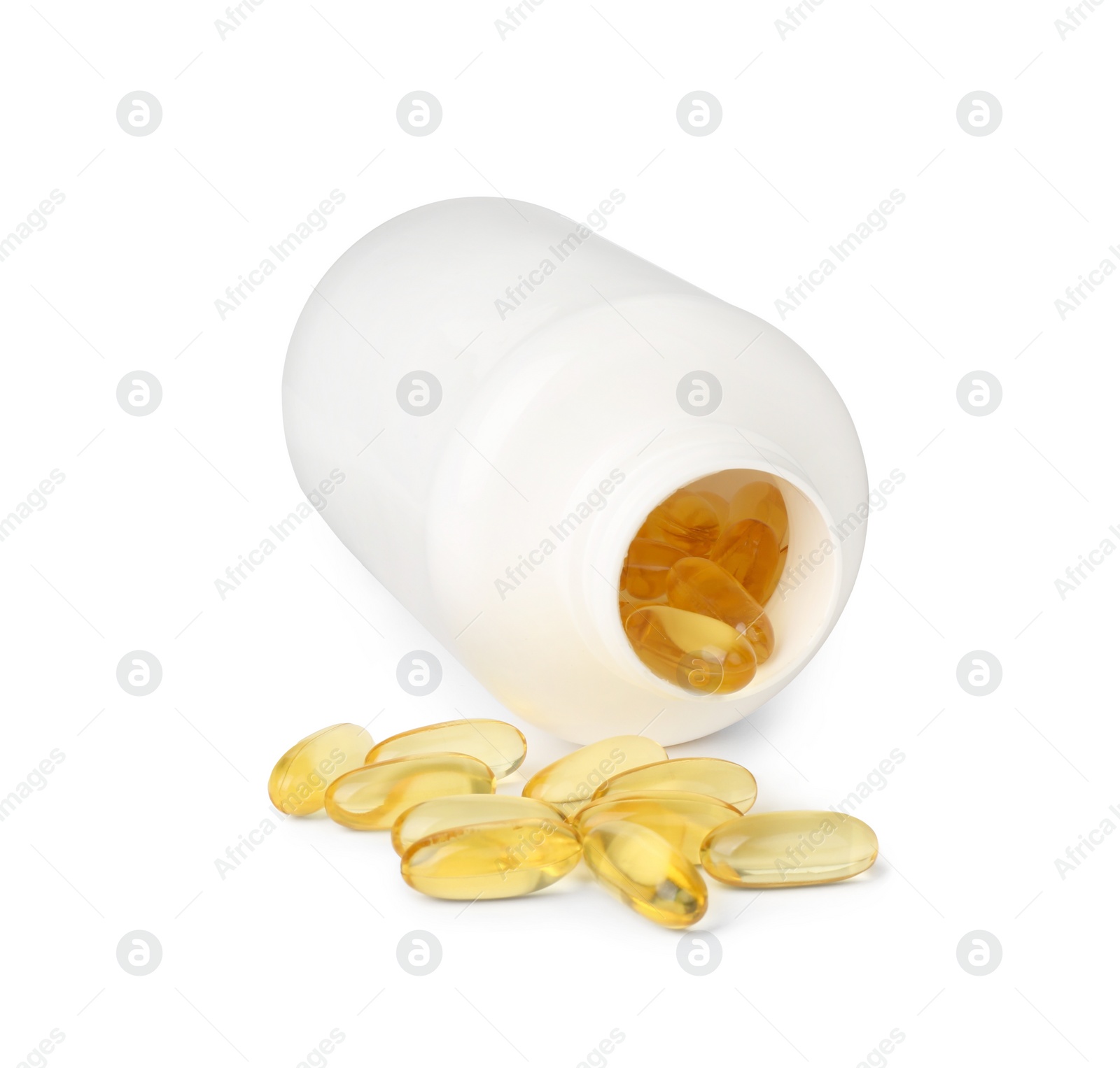 Photo of Jar and vitamin capsules isolated on white