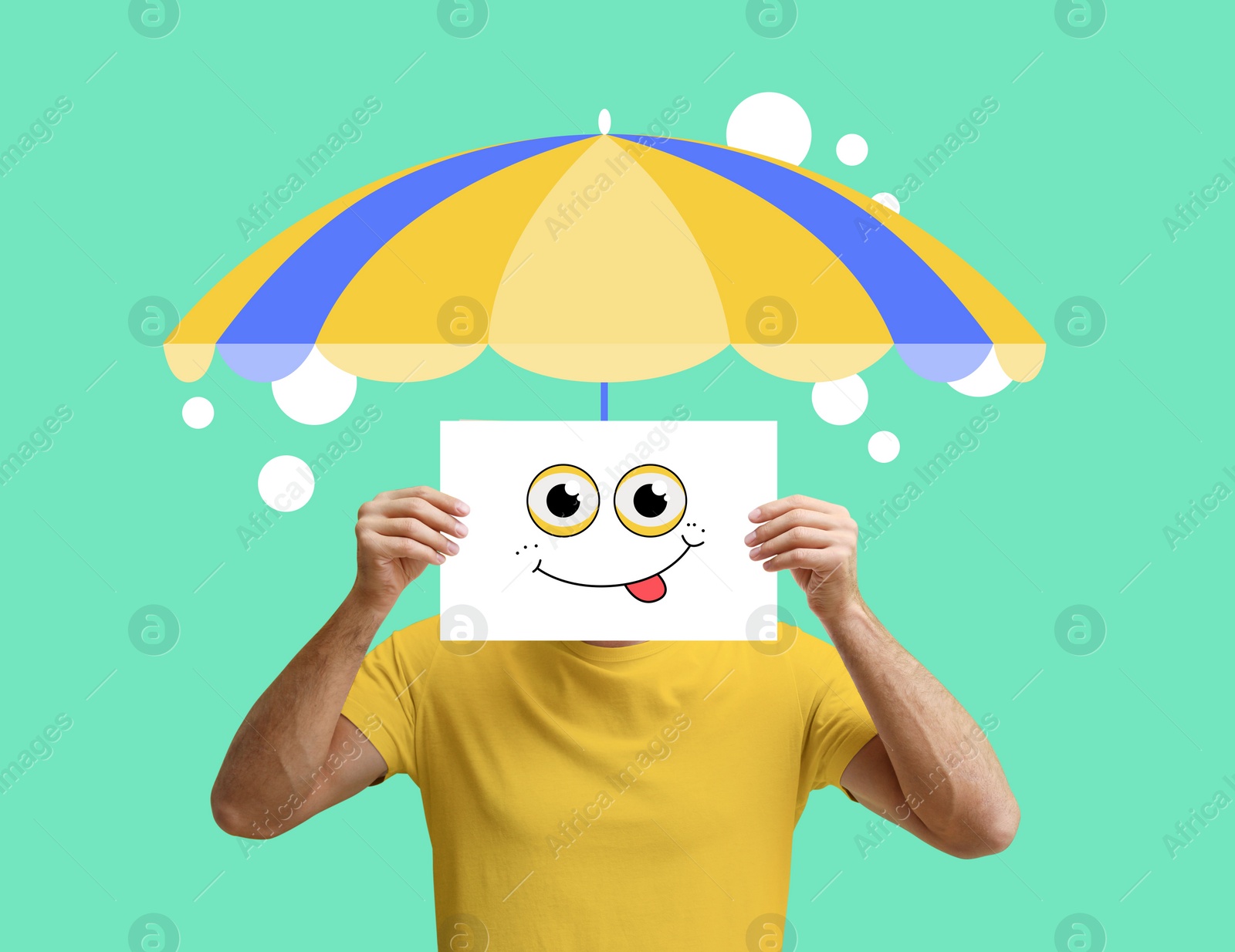 Image of Man with paper smiling face and summer umbrella hat on bright turquoise background. Party concept. Stylish creative design