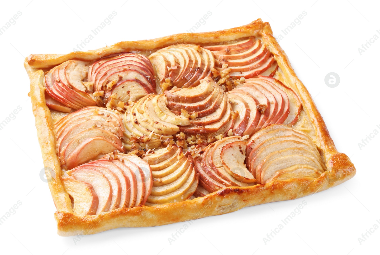 Photo of Freshly baked apple pie with nuts isolated on white