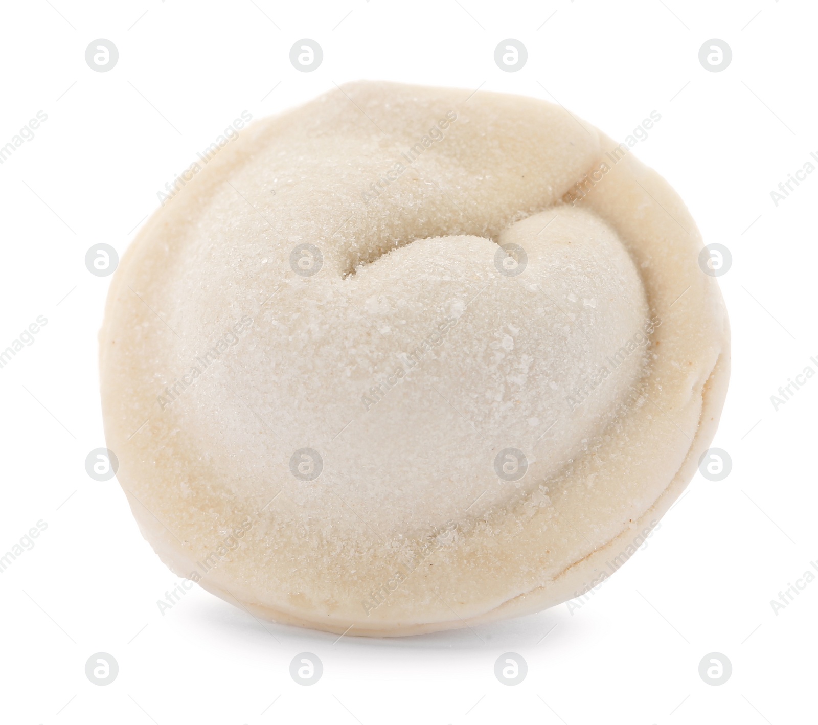 Photo of Raw dumpling with tasty filling on white background