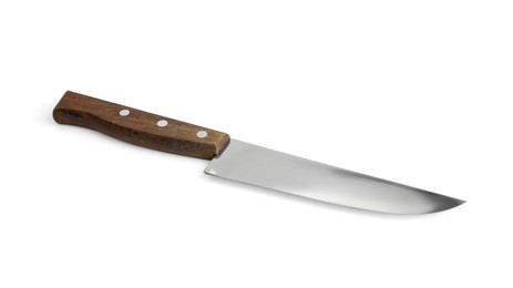 Photo of One sharp knife with wooden handle isolated on white