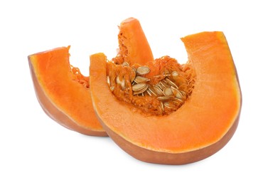 Photo of Slices of fresh ripe pumpkin on white background