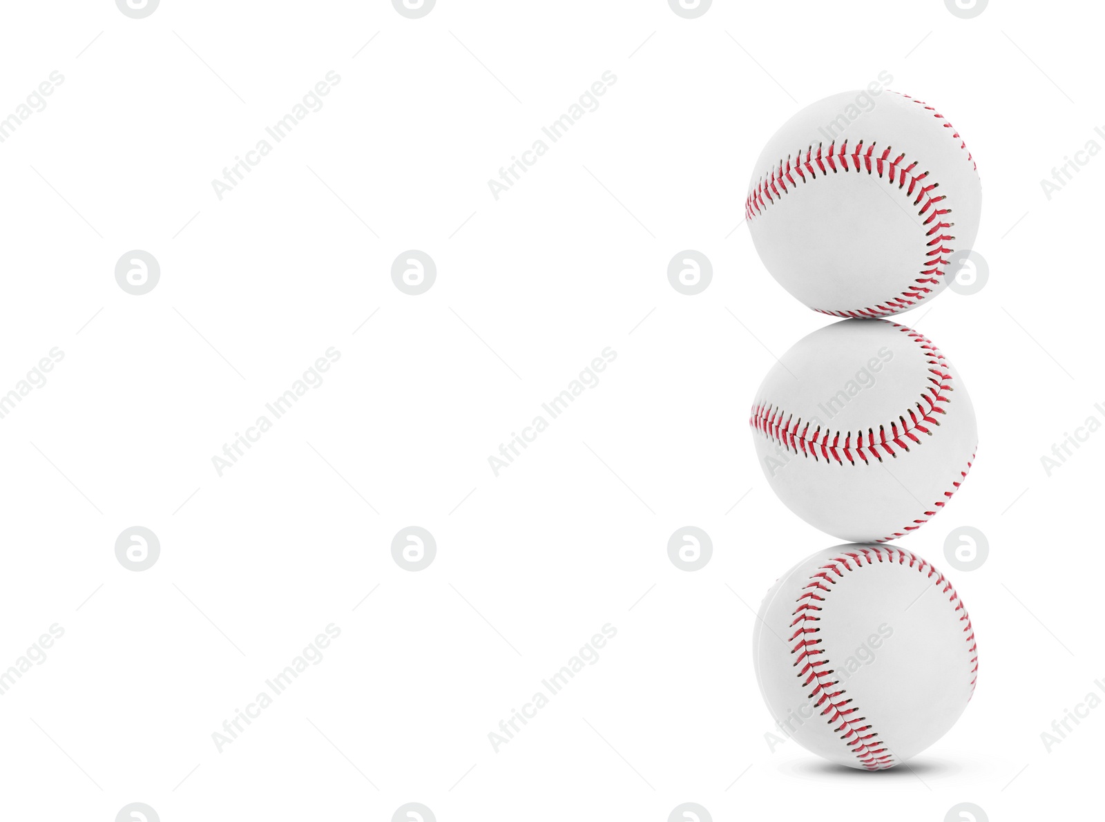 Image of Stack of baseball balls on white background. Space for text