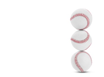 Image of Stack of baseball balls on white background. Space for text