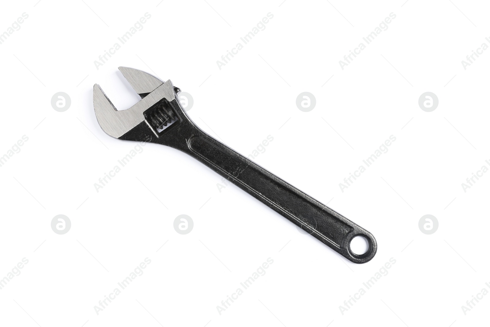 Photo of Adjustable wrench isolated on white. Plumbing supply