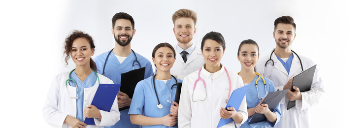Image of Team of medical workers on white background. Health care workers