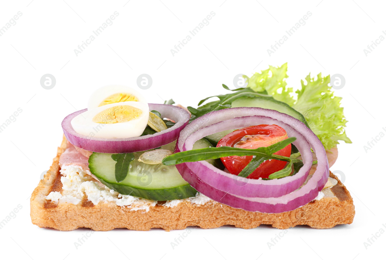 Photo of Tasty sandwich with ham and quail eggs isolated on white