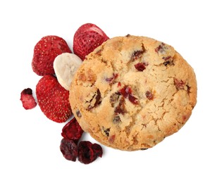 Photo of Cookies and freeze dried fruits isolated on white, top view