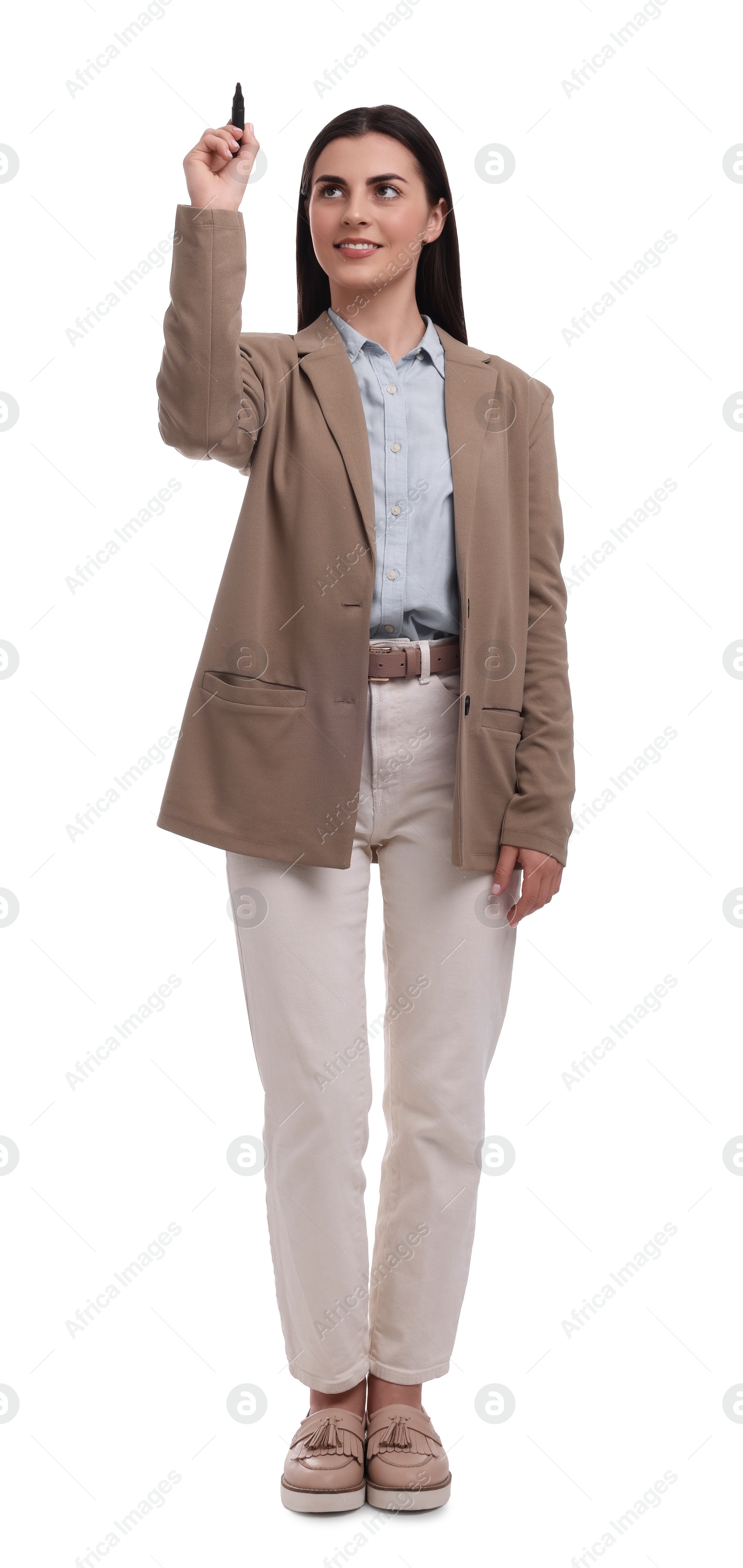 Photo of Beautiful happy businesswoman with marker on white background