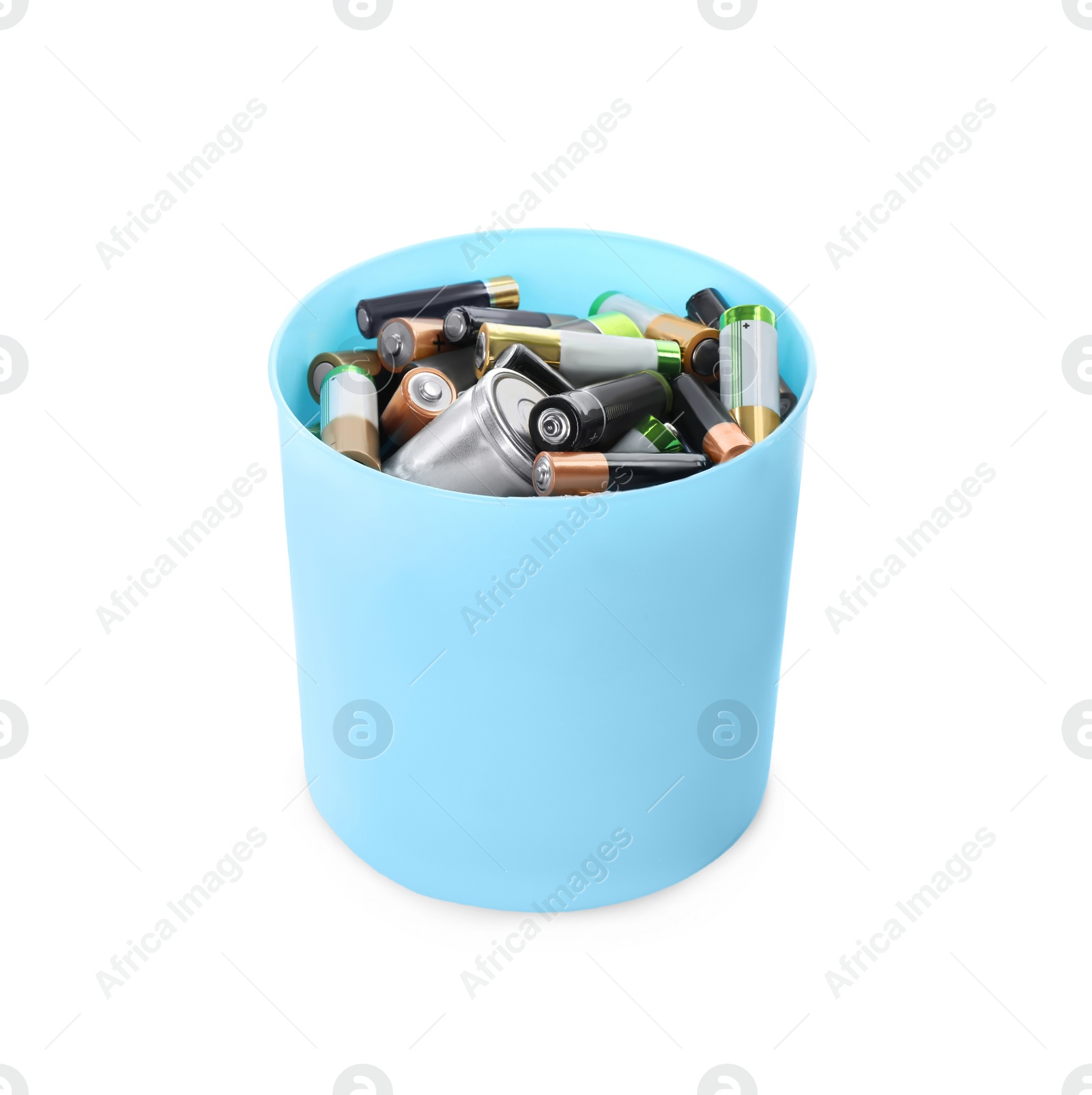 Image of Used batteries in bucket on white background