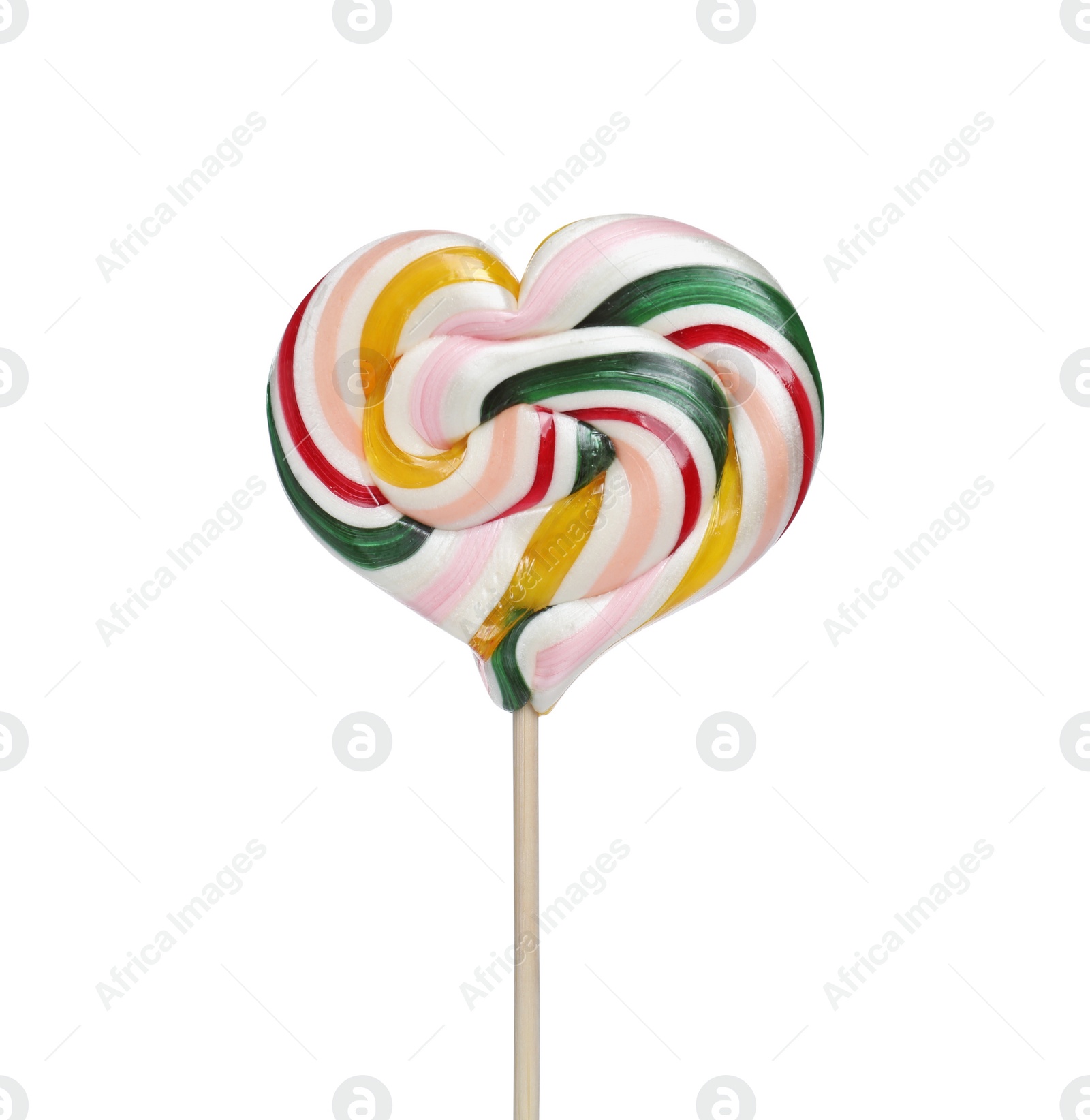 Photo of Heart shaped lollipop on stick isolated on white