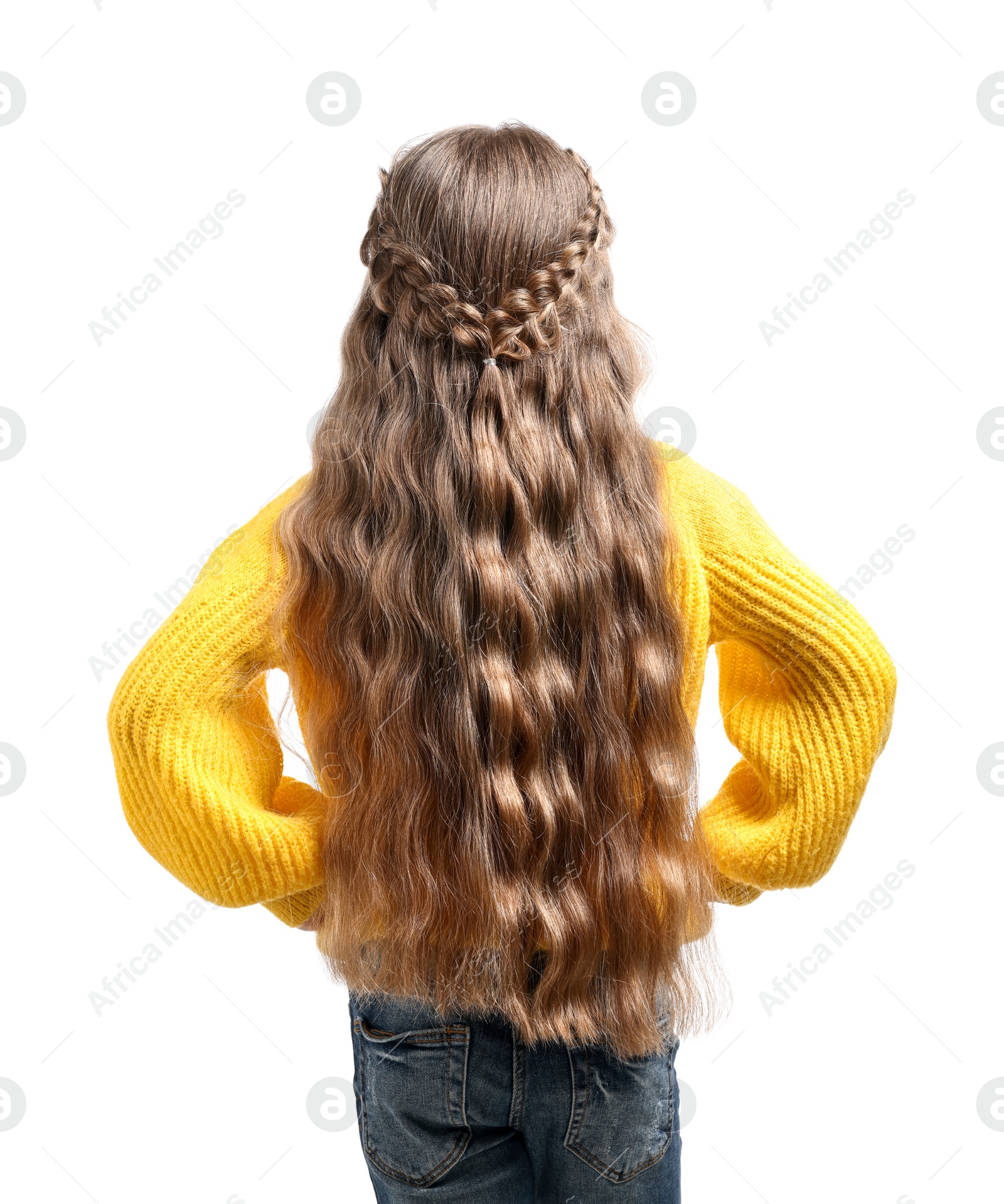 Photo of Little girl with braided hair on white background, back view