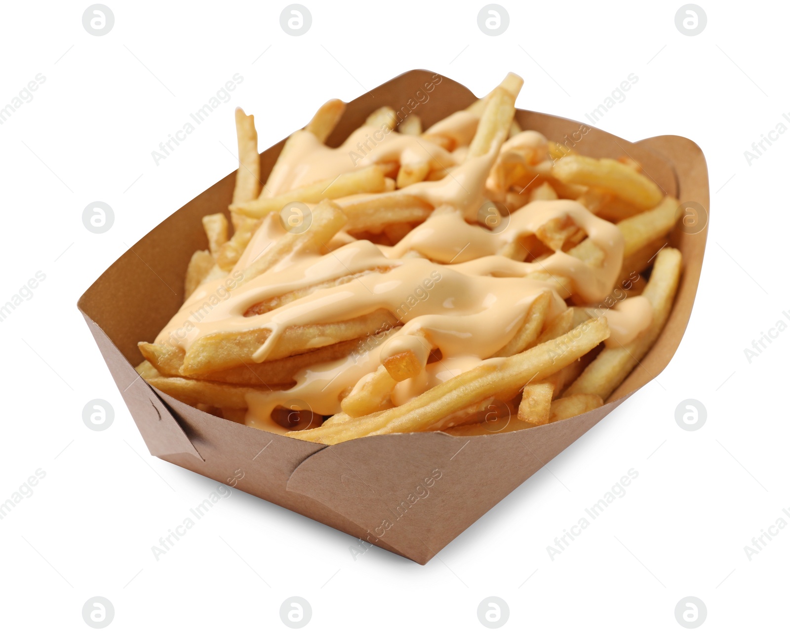 Photo of Delicious French fries with cheese sauce isolated on white