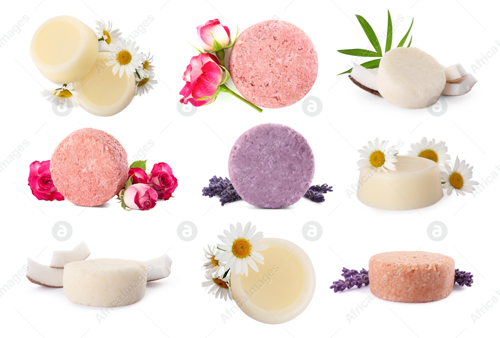 Image of Set with solid shampoo bars on white background. Hair care