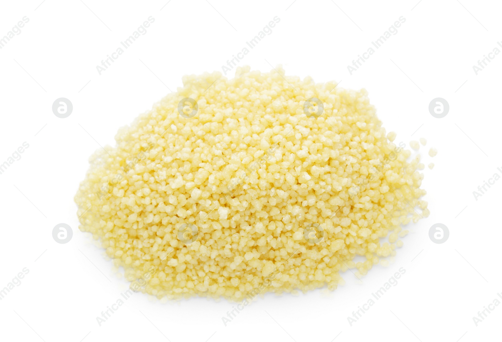 Photo of Heap of raw couscous on white background