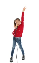 Photo of Cute funny girl with microphone on white background