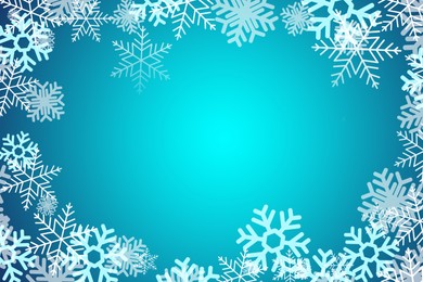 Illustration of Frame made of snowflakes on blue background. Space for text