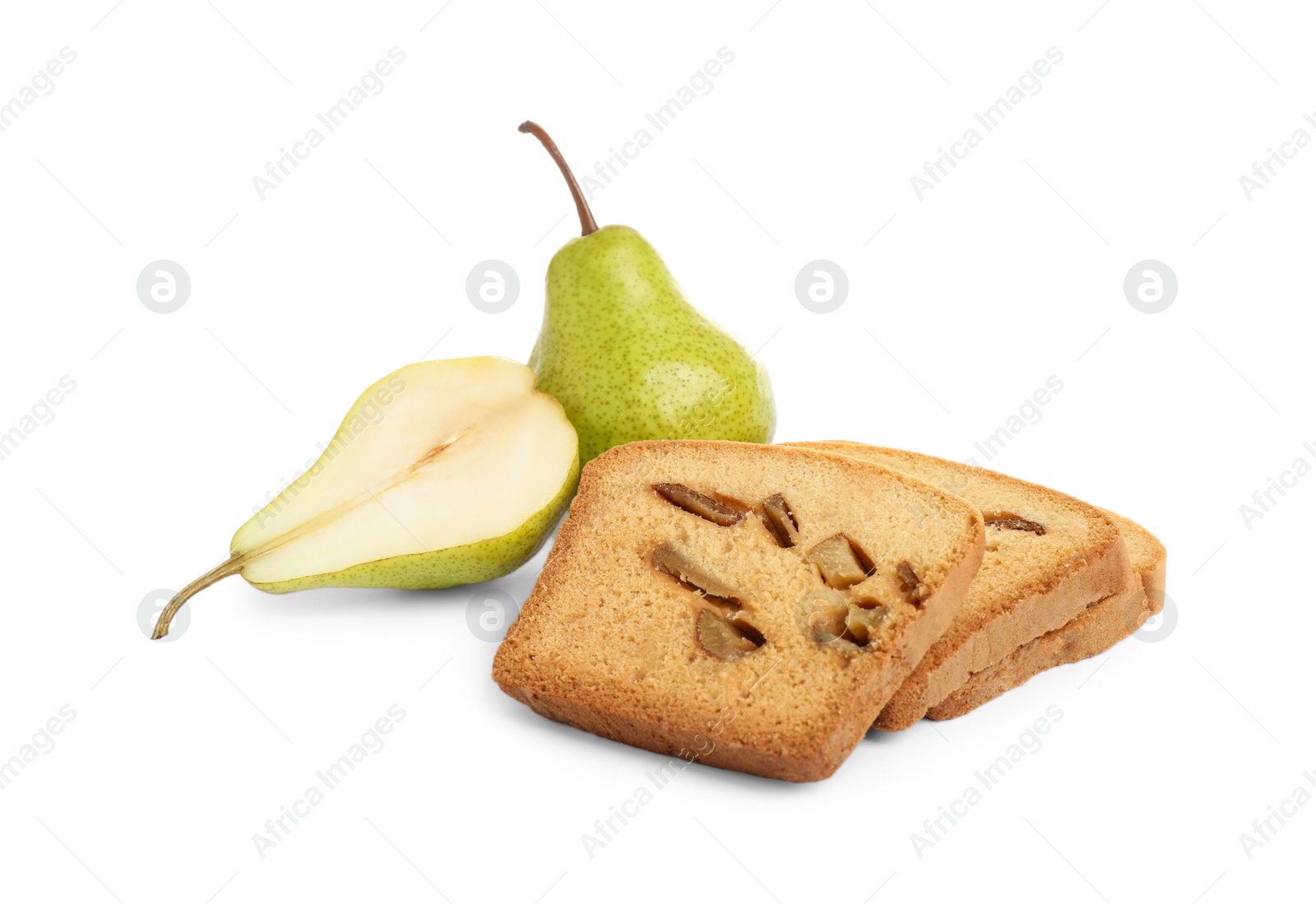 Photo of Tasty bread slices and pears isolated on white. Homemade cake