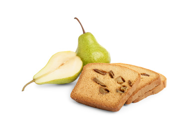 Tasty bread slices and pears isolated on white. Homemade cake