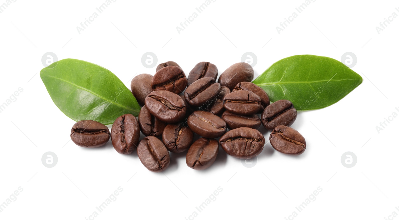 Photo of Roasted coffee beans and leaves isolated on white