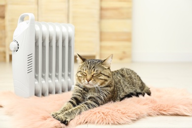 Photo of Cute tabby cat near electric heater on faux fur rug at home