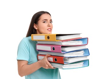 Photo of Frustrated woman with folders on white background