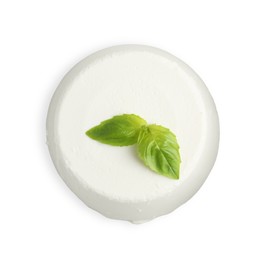 Photo of Fresh ricotta (cream cheese) and basil isolated on white, top view