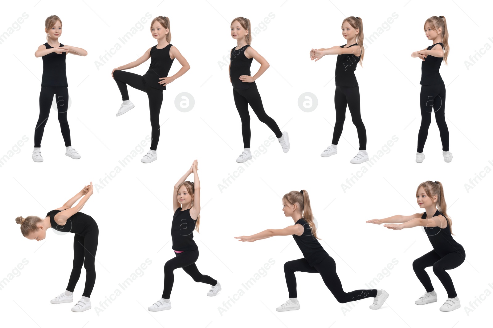 Image of Little girl doing morning exercises on white background, collage design