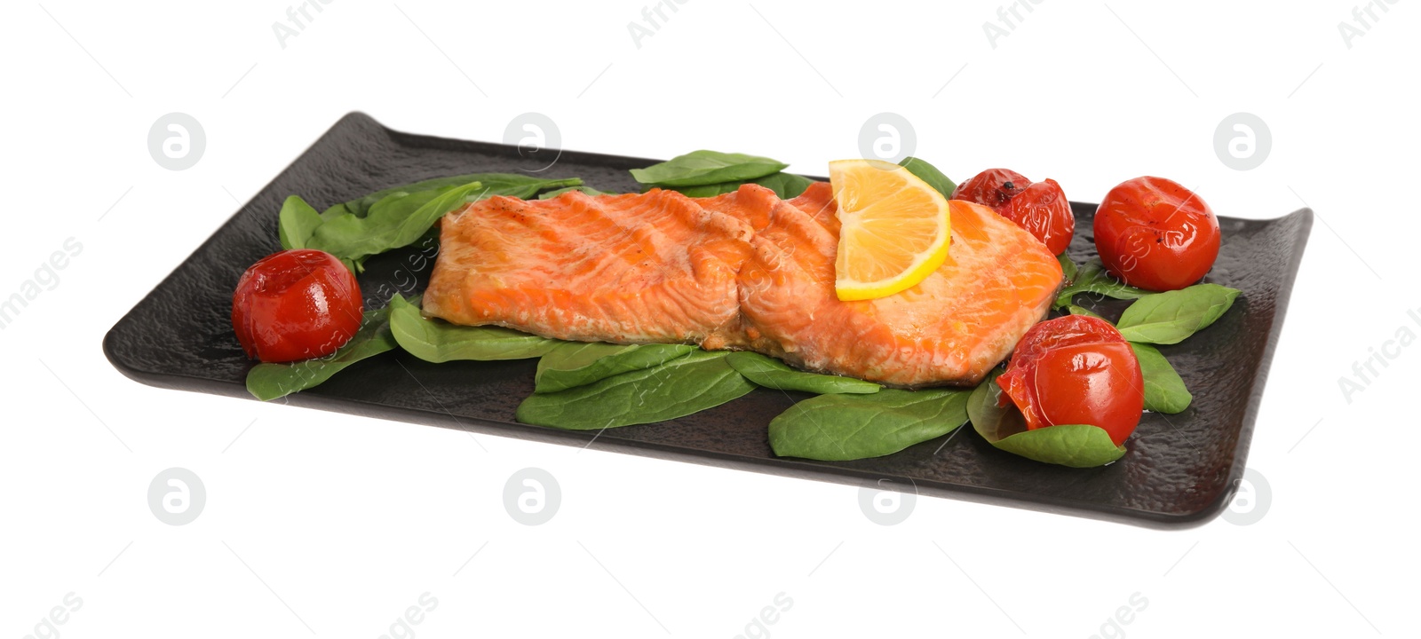 Photo of Tasty grilled salmon with tomatoes, spinach and lemon on white background