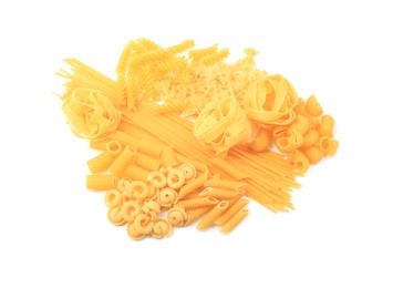 Photo of Different types of pasta isolated on white, top view