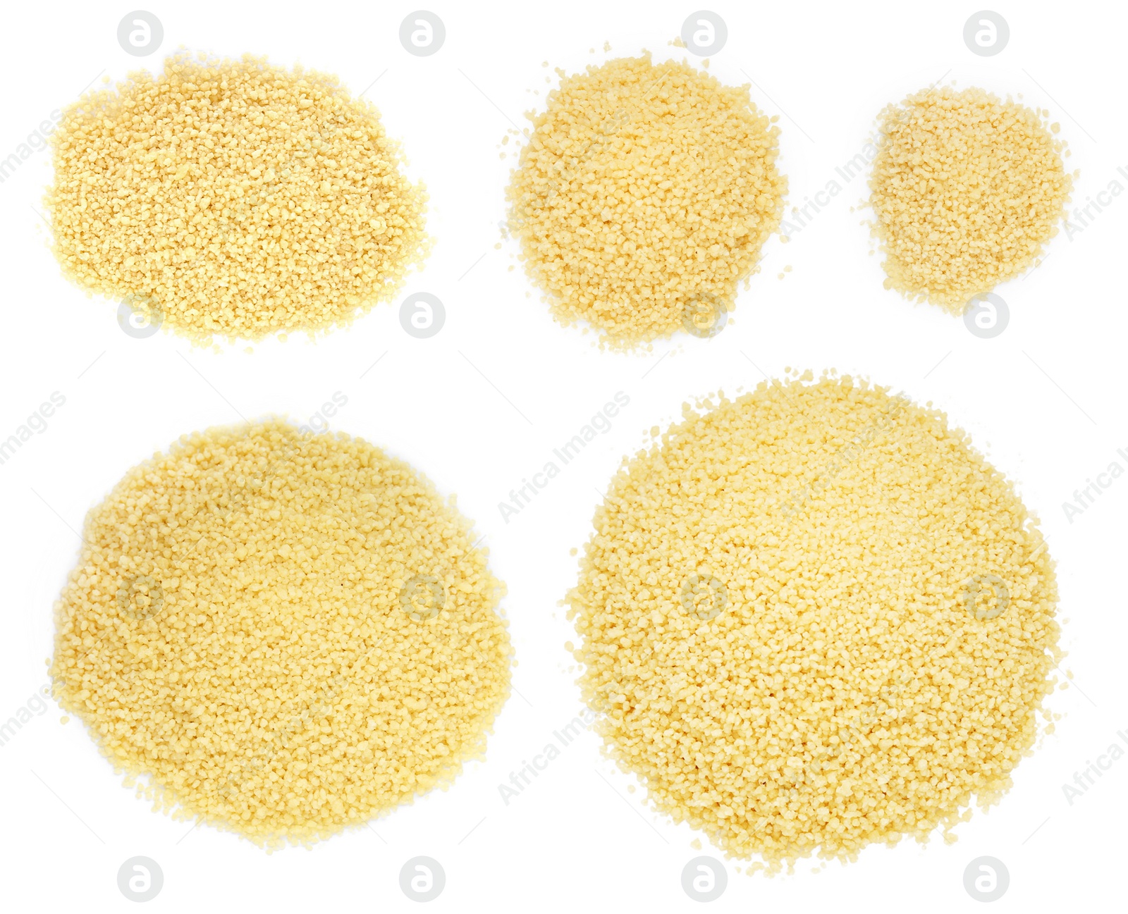 Image of Collage with raw couscous on white background, top view