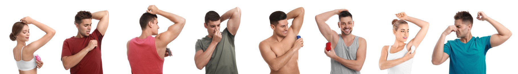 Collage with photos of people applying deodorants to armpits and with sweat stains on clothes against white background. Banner design