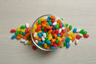 Top view of bowl with jelly beans on table