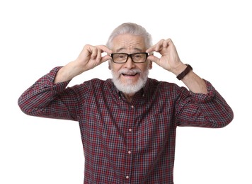Portrait of happy grandpa with glasses on white background