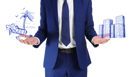 Image of Young businessman on white background, closeup. Concept of balance between life and work 