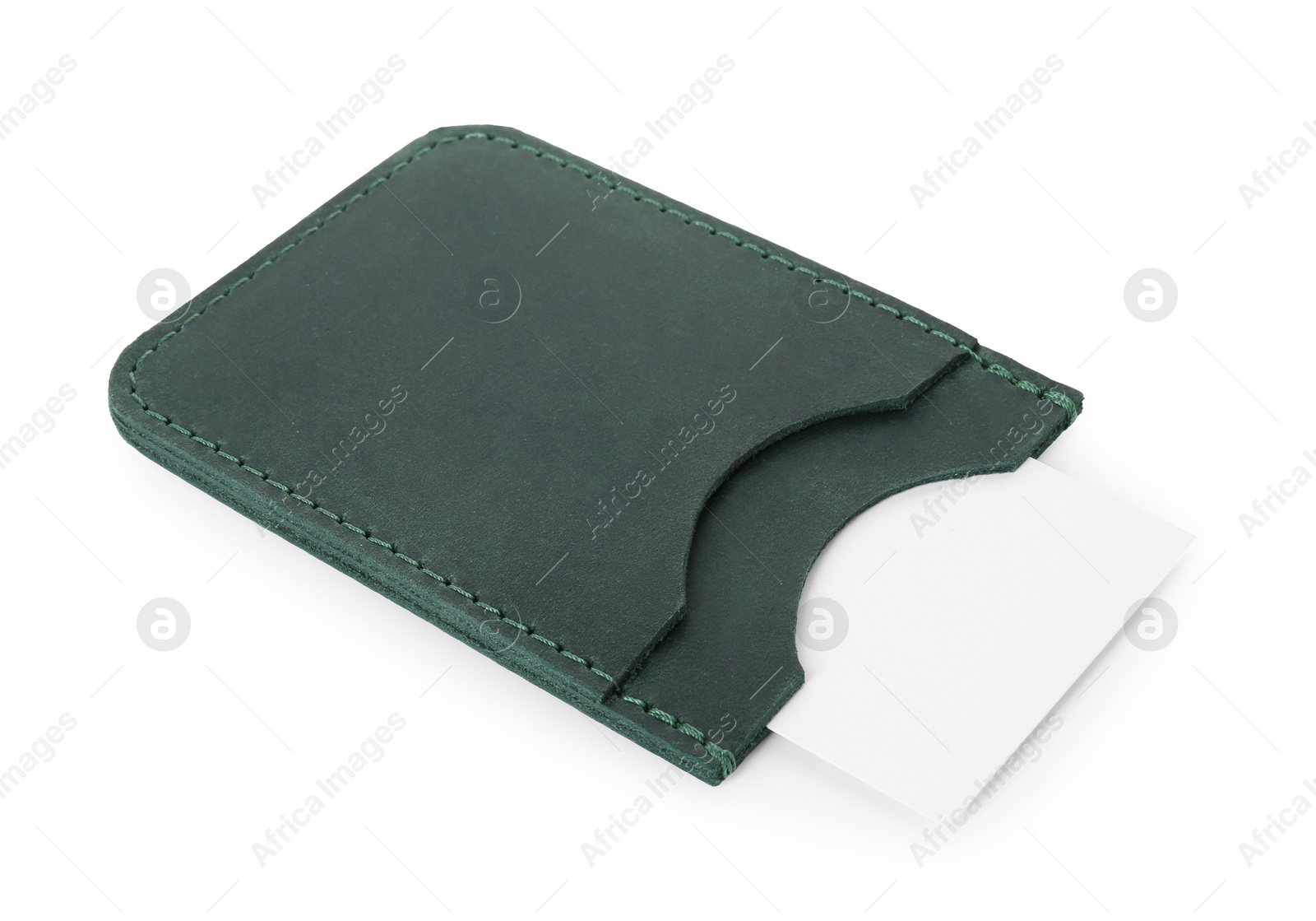 Photo of Leather business card holder with card isolated on white