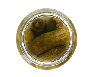 Jar of pickled cucumbers isolated on white, top view