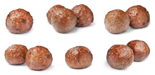 Set with tasty cooked meatballs on white background. Banner design