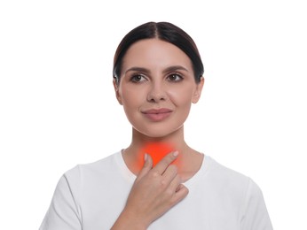 Endocrine system. Woman doing thyroid self examination on white background