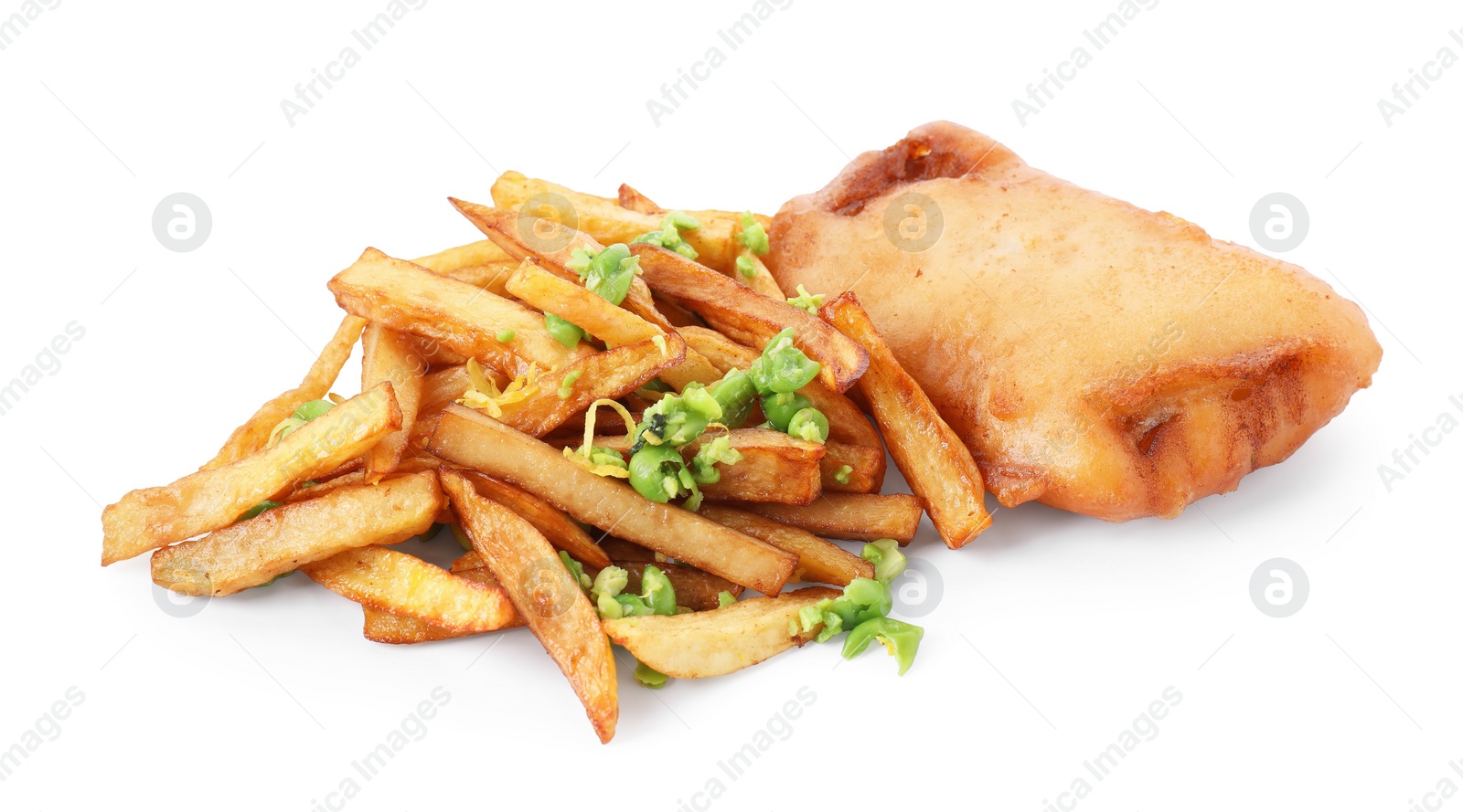 Photo of Tasty fish, chips and peas isolated on white