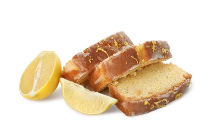 Photo of Piecestasty lemon cake with glaze and citrus fruits isolated on white
