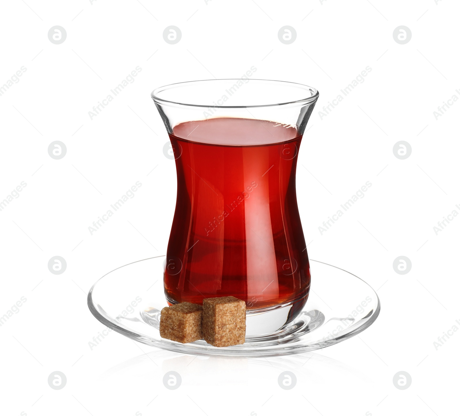 Photo of Glass with traditional Turkish tea isolated on white