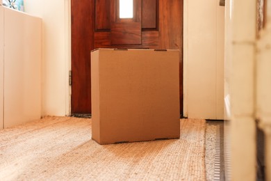 Photo of Delivery service. Cardboard on rug near wooden door indoors