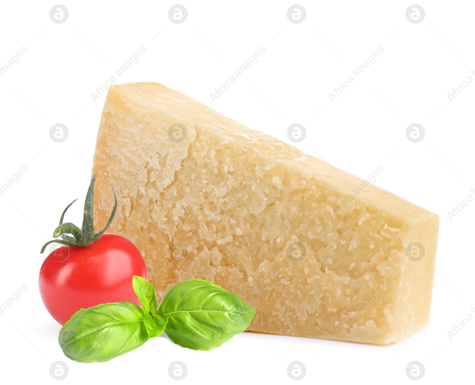 Image of Delicious parmesan cheese, cherry tomato and basil on white background