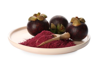 Mangosteen powder and fruits on white background