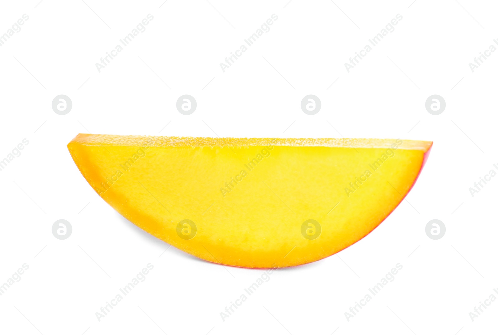 Photo of Juicy mango slice on white background. Tropical fruit